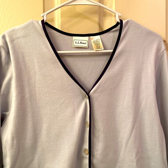 LL Bean Cardigan Sweater Pale Blue Lightweight Navy Trim Cotton Buttons WM SZ M - Picture 3 of 13